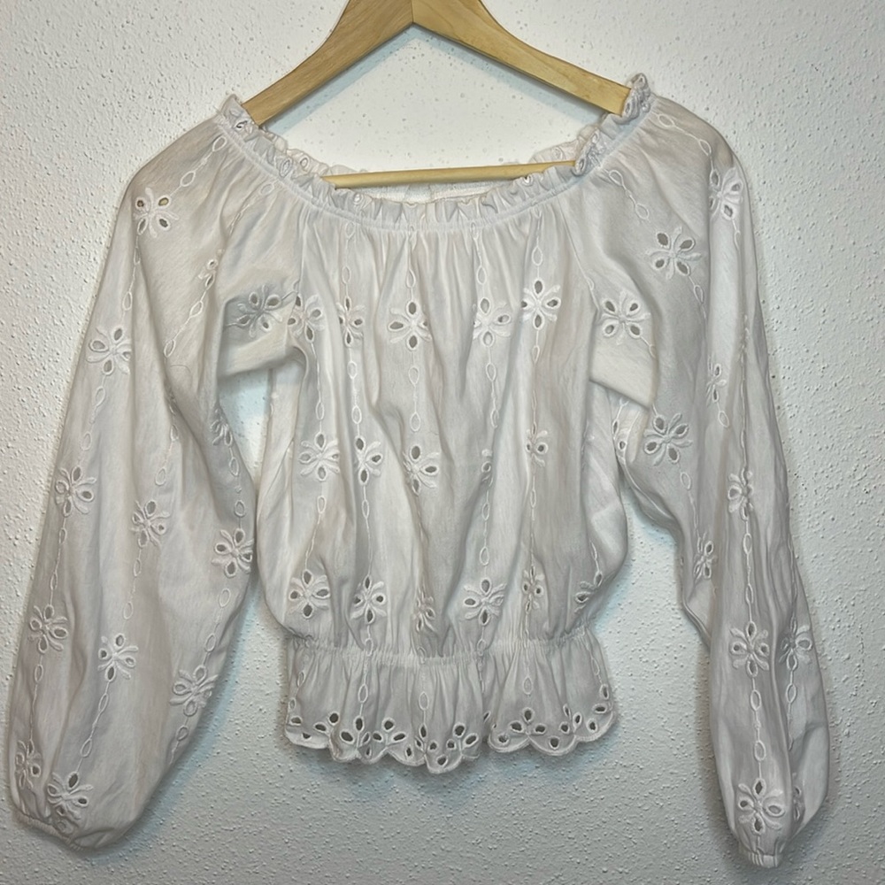 H&M Cottagecore White Eyelet Long Sleeve Blouse with elastic waist and neckline